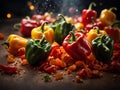 Fresh chili peppers floating in the air, green red yellow, Cinematic advertising photography. Studio lighting, realistic