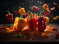 Fresh chili peppers floating in the air, green red yellow, Cinematic advertising photography. Studio lighting, realistic