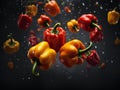 Fresh chili peppers floating in the air, green red yellow, Cinematic advertising photography. Studio lighting, realistic