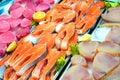 Fresh chilled fish. Salmon, tuna and catfish meat