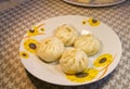 Fresh Chinese steamed meat and vegetable buns, top view, homemade gourmet food Royalty Free Stock Photo