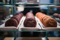 Fresh chocolate cookies in glass showcase at cafe, selective focus