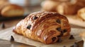 Fresh chocolate croissant on wooden surface. Close-up food photography