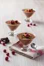 Fresh chocolate mousse and raspberry in a glasses. Royalty Free Stock Photo