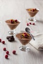 Fresh chocolate mousse and raspberry in a glasses. Royalty Free Stock Photo