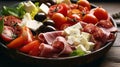 Fresh chopped antipasto rotates slowly. On rustic background. Top view. Generative AI