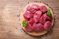 Fresh chopped meat with parsley and spices, top view