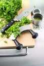 Fresh chopped parsley with cutting board