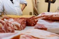 Fresh chopped pieces of meat and male hands of cutting meat pork on table Royalty Free Stock Photo