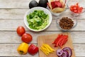 Fresh chopped and prepared ingredients for making homemade tacos and nachos for delicious tasty family dinner Royalty Free Stock Photo