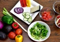 Fresh chopped and prepared ingredients for making homemade tacos and nachos for delicious tasty family dinner Royalty Free Stock Photo