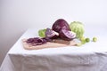 Fresh chopped red cabbage, early cabbage head, brussels sprouts on a cutting board with a knife on a white background