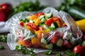 Fresh chopped salad vegetable in plastic food bag