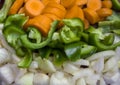 Fresh chopped vegetables - carrots, paprikas and onions in horizontal rows.
