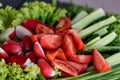 fresh Chopped vegetables from farmers market tomatoes and cucumber, salad leaves on plate ready to eat Royalty Free Stock Photo