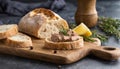 Fresh ciabatta bread with pate on wooden board. Tasty food. Delicious Italian bakery Royalty Free Stock Photo