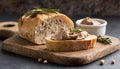 Fresh ciabatta bread with pate on wooden board. Tasty food. Delicious Italian bakery Royalty Free Stock Photo