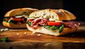 A fresh ciabatta sandwich with grilled beef, pork, and vegetables generated by AI Royalty Free Stock Photo