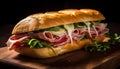 A fresh ciabatta sandwich with grilled beef, prosciutto, and mozzarella generated by AI Royalty Free Stock Photo