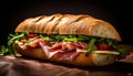Fresh ciabatta sandwich with prosciutto, pork, and tomato on rustic table generated by AI Royalty Free Stock Photo