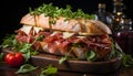 Fresh ciabatta sandwich with prosciutto, tomato, and mozzarella on table generated by AI Royalty Free Stock Photo