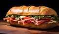 Fresh ciabatta sandwich with prosciutto, tomato, and mozzarella on wood generated by AI Royalty Free Stock Photo