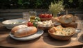 Fresh ciabatta sandwich on wooden plate with grilled meat and vegetables generated by AI Royalty Free Stock Photo