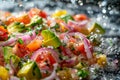 Fresh Citrus Ceviche with Avocado, Tomato, Onion, and Herbs Splashed with Lime Juice on Dark Background