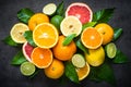 Fresh citrus fruit assortment on black. Royalty Free Stock Photo