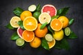 Fresh citrus fruit assortment on black. Royalty Free Stock Photo