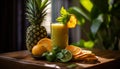Fresh citrus fruit cocktail on wooden table, a summer delight generated by AI Royalty Free Stock Photo
