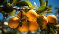 Fresh citrus fruit hanging from a vibrant lemon tree generated by AI