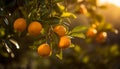 Fresh citrus fruit ripe on green tree branch generated by AI Royalty Free Stock Photo