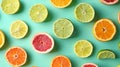 Fresh citrus fruit slices arranged on turquoise background Royalty Free Stock Photo
