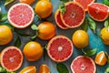 Fresh Citrus Fruits Arrangement on Blue Background - Whole and Sliced Oranges, Grapefruits with Green Leaves Royalty Free Stock Photo