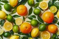 Fresh Citrus Fruits Assortment with Green Leaves on White Background - Oranges, Lemons, Limes Top View for Healthy Eating and Royalty Free Stock Photo