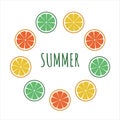 Fresh citrus fruits with circle frame. lemons, oranges, tangerines, limes and grapefruit. summer text. Vector illustration