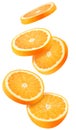 Isolated flying oranges. Falling sliced orange fruit isolated on white background with clipping path Royalty Free Stock Photo