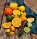 Fresh citrus fruits and old juicer Royalty Free Stock Photo