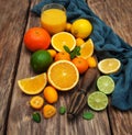 Fresh citrus fruits and old juicer Royalty Free Stock Photo