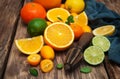 Fresh citrus fruits and old juicer Royalty Free Stock Photo