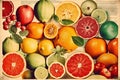 Fresh citrus fruits. Orange, lemon, grapefruit. Vintage 60s style food background. Generative AI Royalty Free Stock Photo