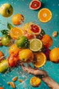 Fresh Citrus Fruits Splashing in Water with Dynamic Motion Against Teal Background Healthy Freshness Concept