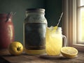 Fresh citrus lemonade in mason jar on wooden table. Healthy fruit juice beverage for Lemonade Day, Lemon Juice Day. Generative AI