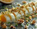 Fresh Citrus Marinated Squid Salad with Chopped Herbs, Garlic, and Crushed Nuts on Elegant Dining Table Royalty Free Stock Photo