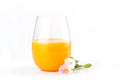 Fresh citrus orange juice with beautiful pink rosemoss flowers o Royalty Free Stock Photo