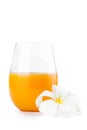 Fresh citrus orange juice with white frangipani flower on white Royalty Free Stock Photo