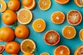 Fresh Citrus Oranges Halves and Whole Fruits Arranged on Bright Blue Background for Healthy Eating Concept Royalty Free Stock Photo