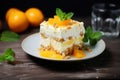 Fresh Citrus Peach Cream Dessert Close-up. Generative AI