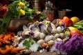 fresh clams on ice with chopped vegetables nearby